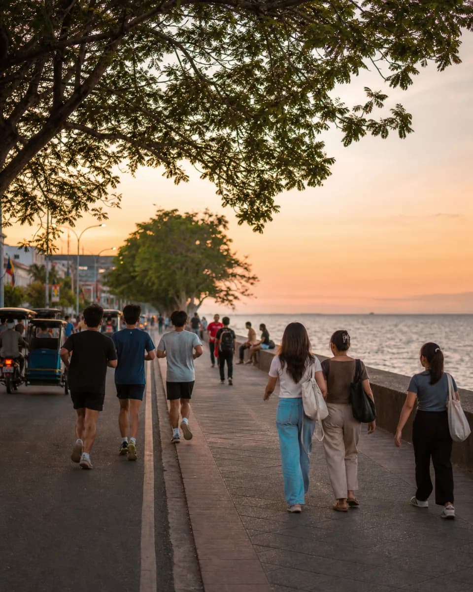 Students walking and running along the Boulevard at sunset